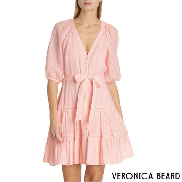 Veronica Beard Dewey Tiered Cotton Button-Up Tie Waist Dress Pink Haze Sz 8 - Picture 2 of 15